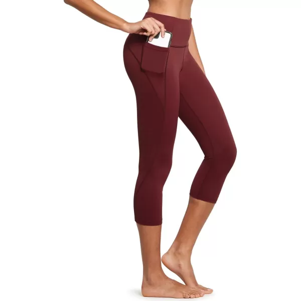 BALEAF Womens Capri Leggings with Pockets High Waisted Workout Yoga Running Gym Pull On Capris Pants for Casual SummerWine Red