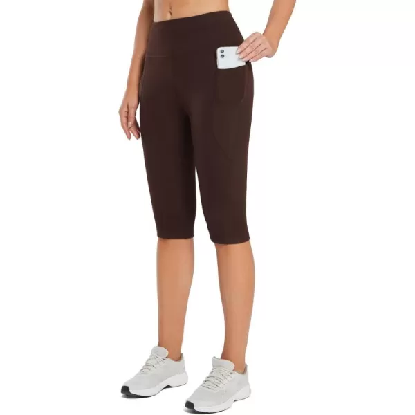 BALEAF Womens Capris with Pockets Knee Length Capri Leggings High Waisted Stretch for Casual Summer Yoga Workout ExerciseDark Brown