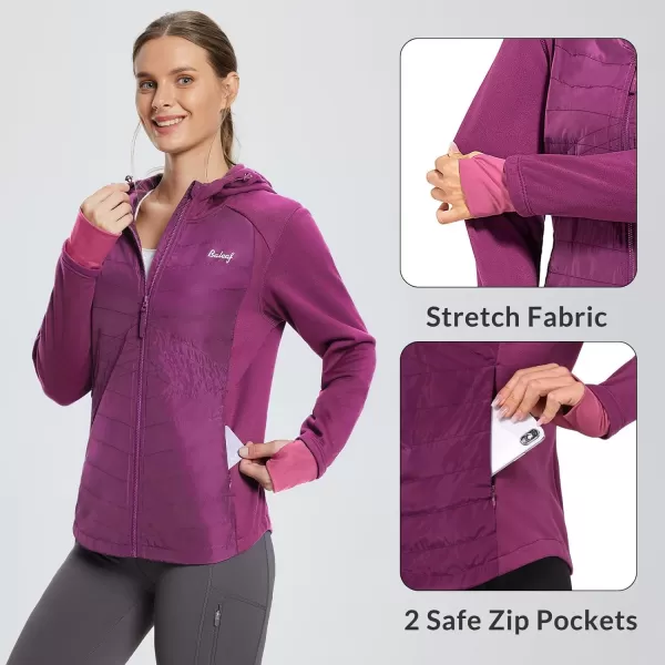 BALEAF Womens Insulated Running Jackets Puffer Hybrid Down Jacket Hiking Stretch Zip Pockets Fleece with Hoodie Cold WeatherPurple