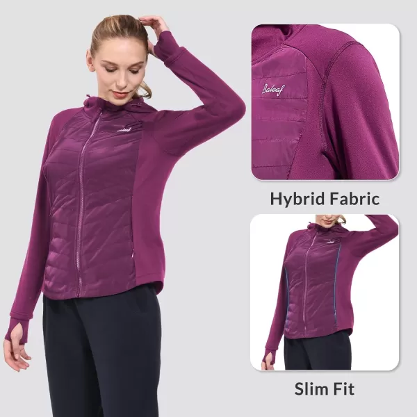 BALEAF Womens Insulated Running Jackets Puffer Hybrid Down Jacket Hiking Stretch Zip Pockets Fleece with Hoodie Cold WeatherPurple