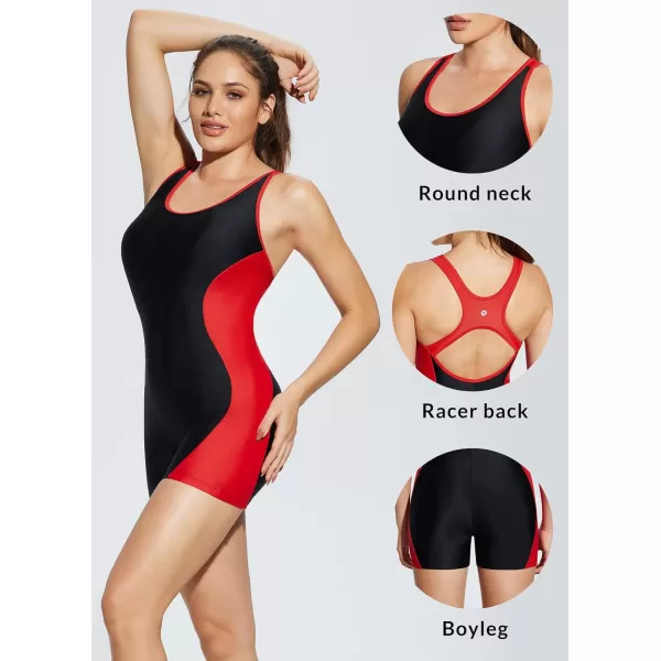 BALEAF Womens Lycra One Piece Boyleg Swimsuit Athletic Racerback Sport Swimwear Conservative Slimming Bathing SuitsBlackRed