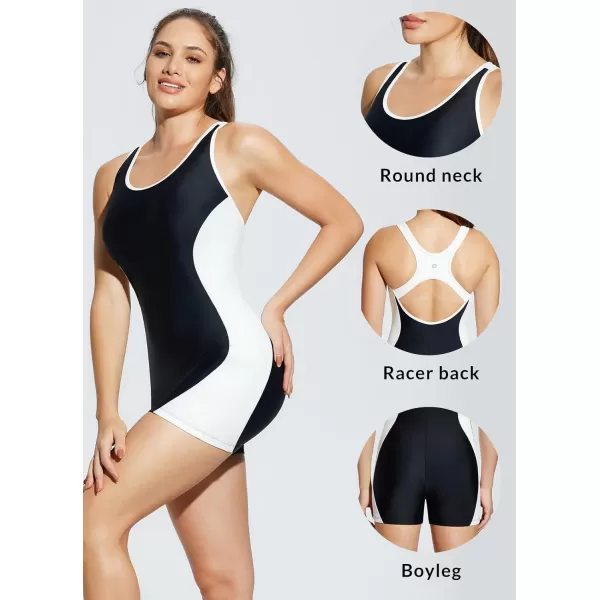 BALEAF Womens Lycra One Piece Boyleg Swimsuit Athletic Racerback Sport Swimwear Conservative Slimming Bathing SuitsBlackWihte