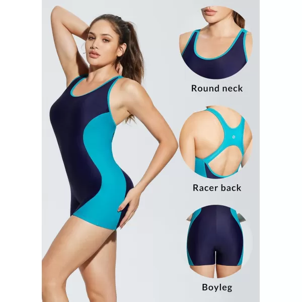 BALEAF Womens Lycra One Piece Boyleg Swimsuit Athletic Racerback Sport Swimwear Conservative Slimming Bathing SuitsNavyAqua Blue