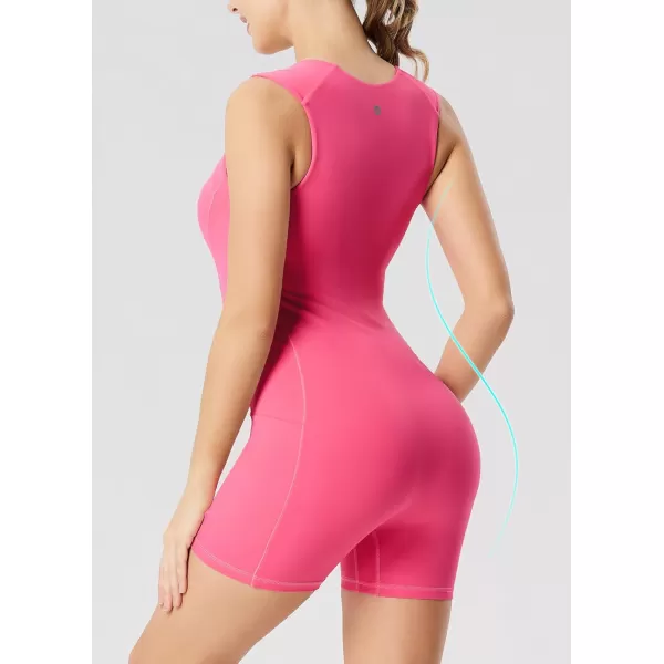 BALEAF Womens One Piece Square Neck Jumpsuits Built in Bra Sexy Yoga Workout Shorts Outfits Summer with PocketsHot Pink