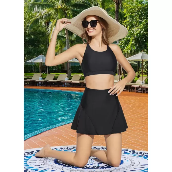 BALEAF Womens Swim Skirt Bottoms High Waisted Tummy Control Buildin Brief with Pockets Ruched Swimsuit Tankini BottomsBlack