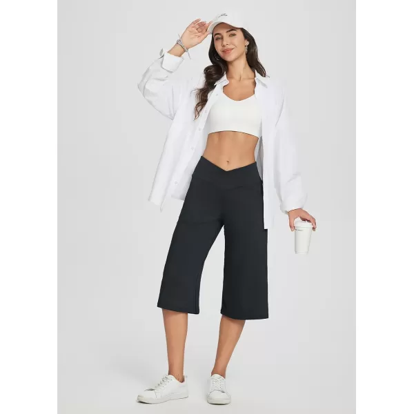 BALEAF Womens Wide Leg Yoga Pants Capris Crossover High Waist Crop Dress Pants with Pockets Loose Lounge Casual SummerBlack