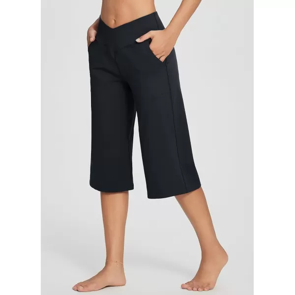BALEAF Womens Wide Leg Yoga Pants Capris Crossover High Waist Crop Dress Pants with Pockets Loose Lounge Casual SummerBlack