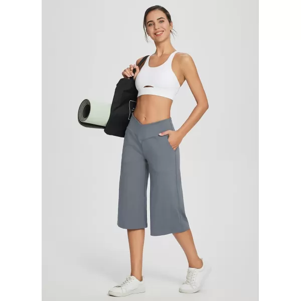 BALEAF Womens Wide Leg Yoga Pants Capris Crossover High Waist Crop Dress Pants with Pockets Loose Lounge Casual SummerDark Grey