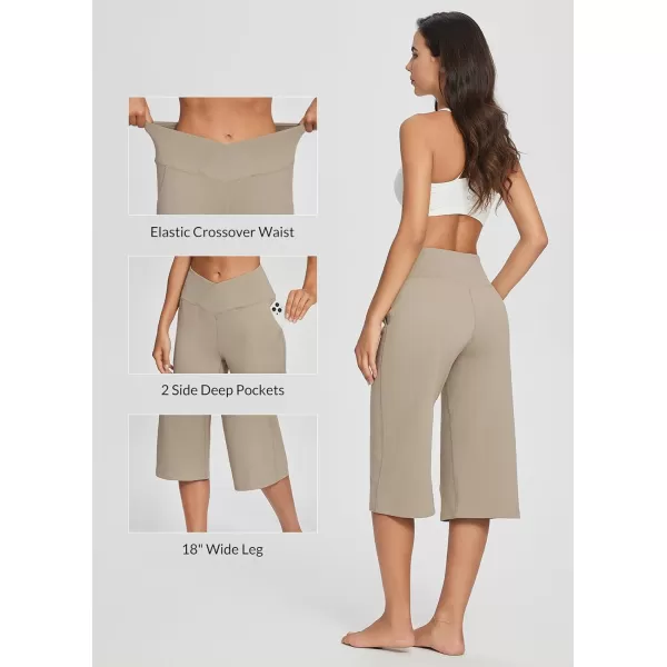 BALEAF Womens Wide Leg Yoga Pants Capris Crossover High Waist Crop Dress Pants with Pockets Loose Lounge Casual SummerKhaki