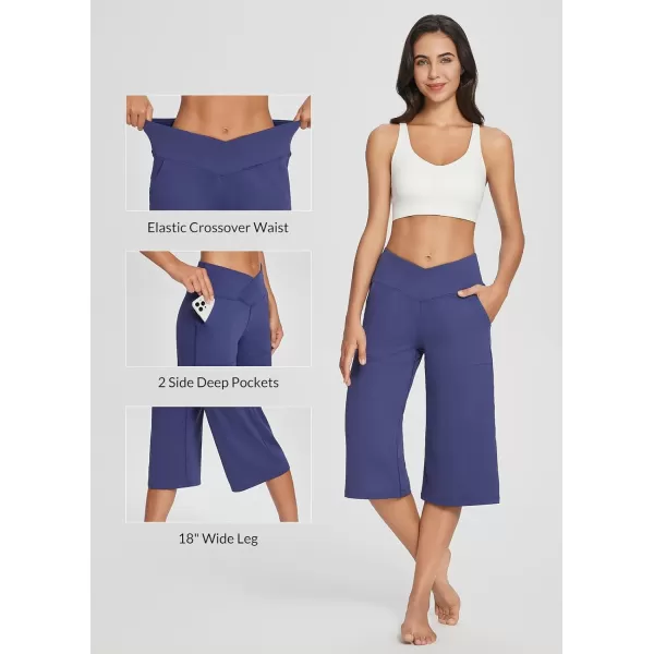 BALEAF Womens Wide Leg Yoga Pants Capris Crossover High Waist Crop Dress Pants with Pockets Loose Lounge Casual SummerNavy Blue