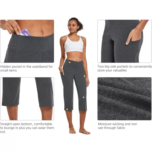 BALEAF Yoga Pants for Women Capris High Waist Leggings with Pockets Wide Leg Exercise Workout Crop Straight Open BottomCharcoal