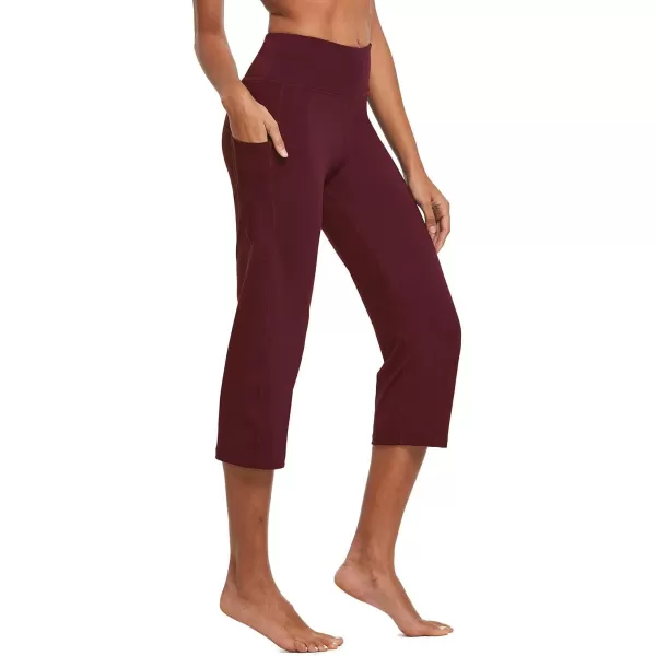 BALEAF Yoga Pants for Women Capris High Waist Leggings with Pockets Wide Leg Exercise Workout Crop Straight Open BottomWine Red