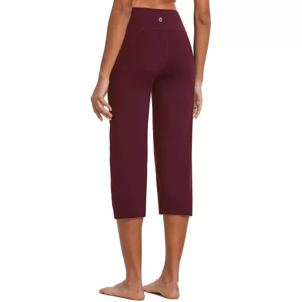 BALEAF Yoga Pants for Women Capris High Waist Leggings with Pockets Wide Leg Exercise Workout Crop Straight Open BottomWine Red