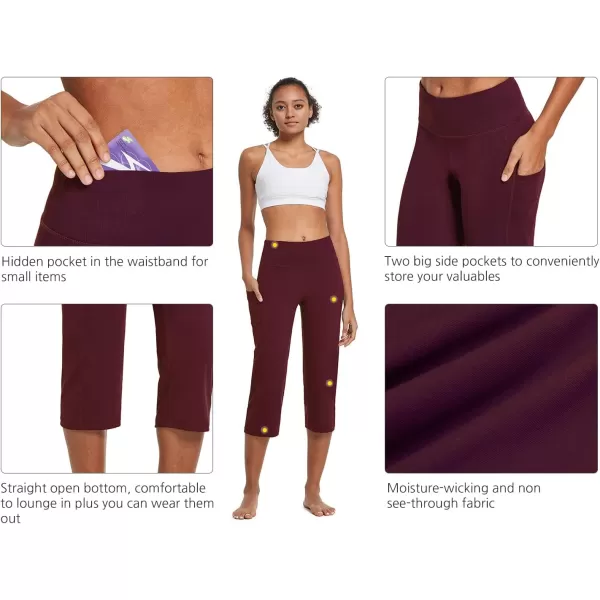 BALEAF Yoga Pants for Women Capris High Waist Leggings with Pockets Wide Leg Exercise Workout Crop Straight Open BottomWine Red