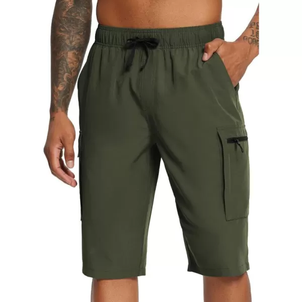 BALEAF Mens 13 Knee Length Long Shorts Comfy Elastic Waist Hiking Cargo Shorts Lightweight Quick Dry Workout GymArmy Green