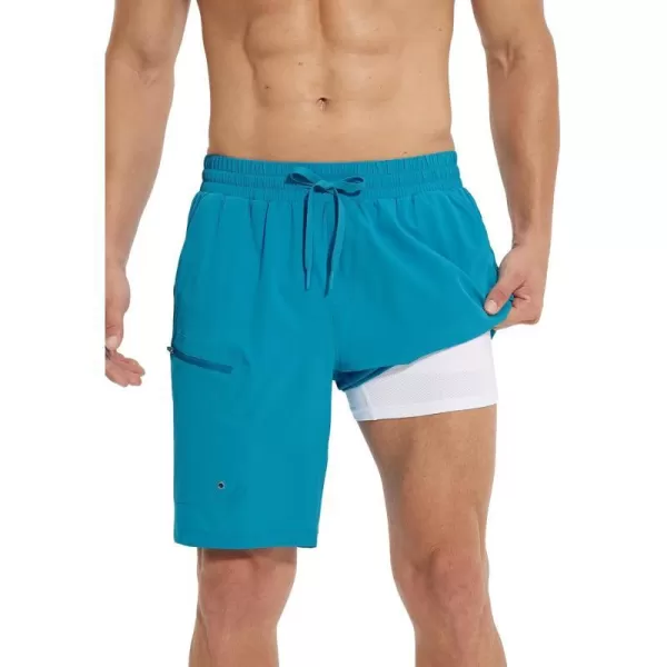 BALEAF Mens Swim Trunks 55  7  9 Inch Board Shorts with Compression Liner Quick Dry Swim Shorts with Zipper PocketsAqua Blue