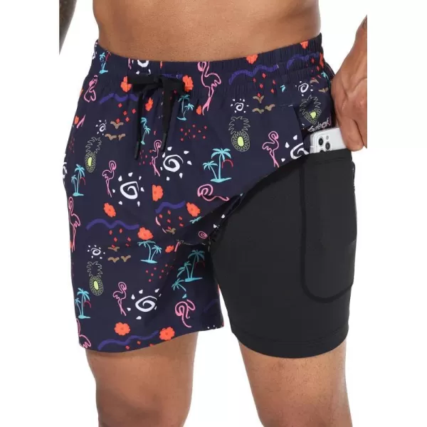 BALEAF Mens Swim Trunks 55  7  9 Inch Board Shorts with Compression Liner Quick Dry Swim Shorts with Zipper PocketsBlue Pineapple  Flamingo