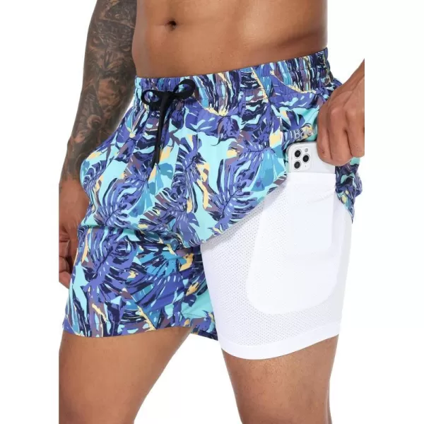 BALEAF Mens Swim Trunks 55  7  9 Inch Board Shorts with Compression Liner Quick Dry Swim Shorts with Zipper PocketsGreen Tropical Leaves