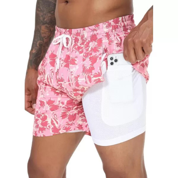 BALEAF Mens Swim Trunks 55  7  9 Inch Board Shorts with Compression Liner Quick Dry Swim Shorts with Zipper PocketsPink Red Floral