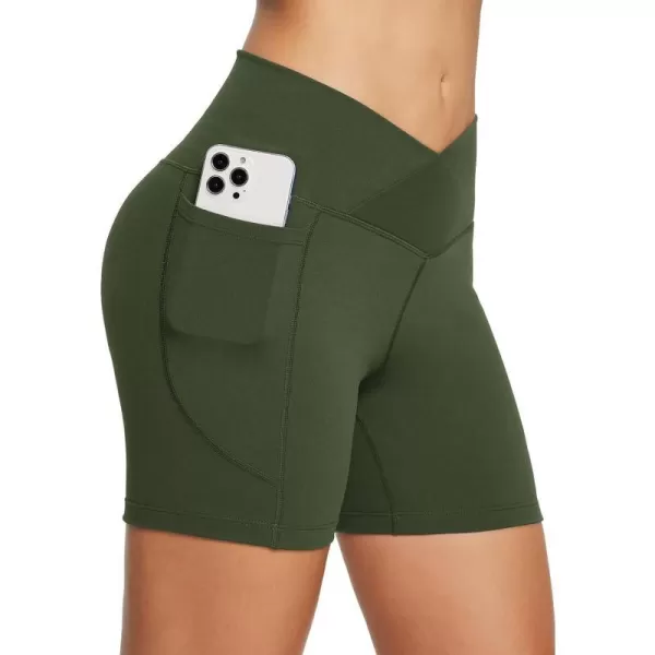 BALEAF Womens 5 Crossover Biker Shorts Workout High Waisted Yoga Athletic Running Gym Spandex Shorts with Side PocketsArmy Green