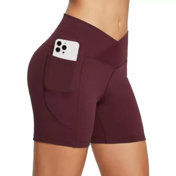 BALEAF Womens 5 Crossover Biker Shorts Workout High Waisted Yoga Athletic Running Gym Spandex Shorts with Side PocketsWine Red