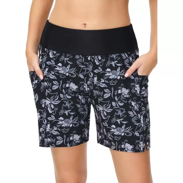 BALEAF Womens 5 Quick Dry High Waisted Swim Board Shorts UPF 50 Swimsuit Bottom Trunks with LinerBlack Flowers