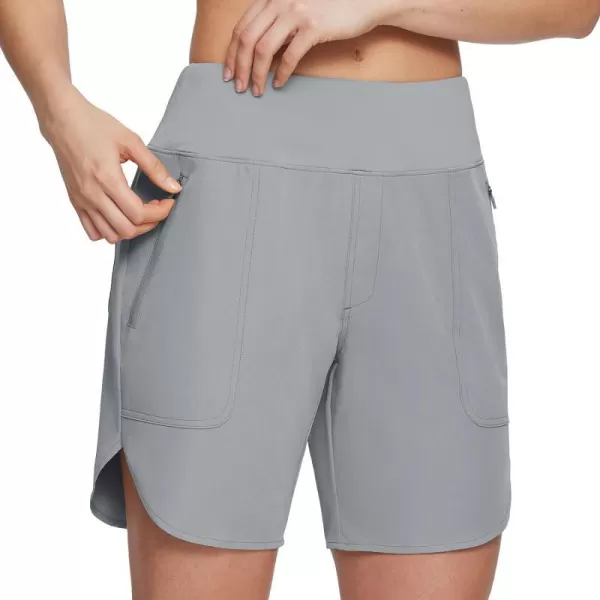 BALEAF Womens 7 Hiking Shorts High Waist Quick Dry Lightweight Zip Pockets Workout Athletic Gym Shorts Travel RunningFrost Gray