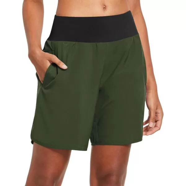 BALEAF Womens 7 Long Running Athletic Shorts with Liner High Waist Workout Gym Quick Dry Soft Split Leg Zipper PocketArmy Green