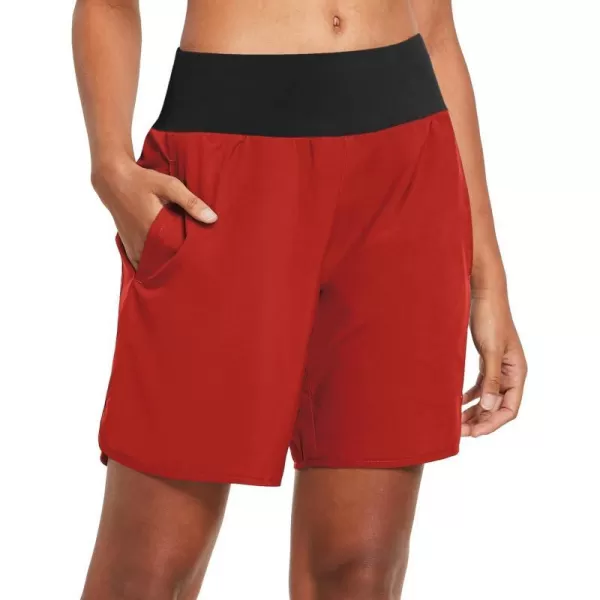 BALEAF Womens 7 Long Running Athletic Shorts with Liner High Waist Workout Gym Quick Dry Soft Split Leg Zipper PocketRed