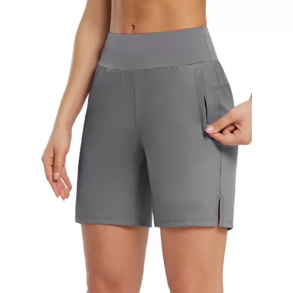 BALEAF Womens 7 Long Running Shorts Quick Dry Athletic Workout Shorts with Zipper Pockets UnlinedGray