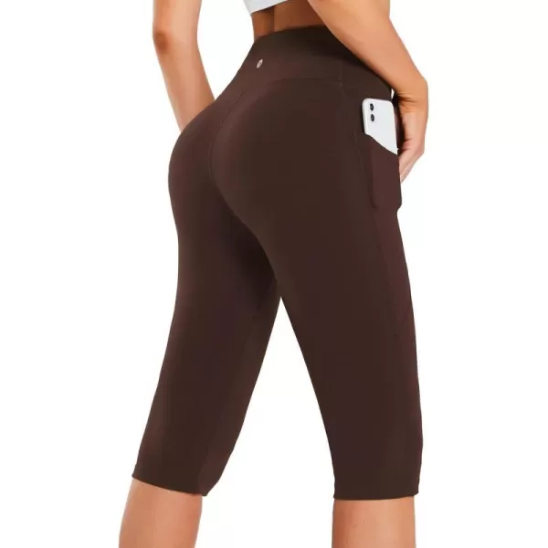 BALEAF Womens Capris with Pockets Knee Length Capri Leggings High Waisted Stretch for Casual Summer Yoga Workout ExerciseDark Brown