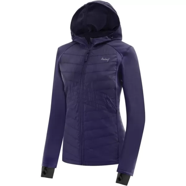 BALEAF Womens Insulated Running Jackets Puffer Hybrid Down Jacket Hiking Stretch Zip Pockets Fleece with Hoodie Cold WeatherDark Blue