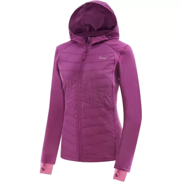 BALEAF Womens Insulated Running Jackets Puffer Hybrid Down Jacket Hiking Stretch Zip Pockets Fleece with Hoodie Cold WeatherPurple