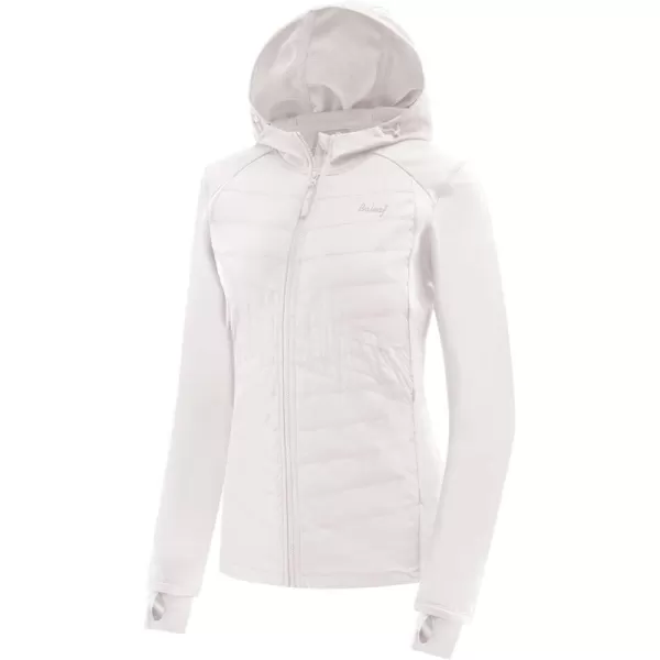 BALEAF Womens Insulated Running Jackets Puffer Hybrid Down Jacket Hiking Stretch Zip Pockets Fleece with Hoodie Cold WeatherWhite