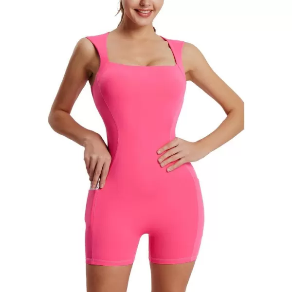 BALEAF Womens One Piece Square Neck Jumpsuits Built in Bra Sexy Yoga Workout Shorts Outfits Summer with PocketsHot Pink