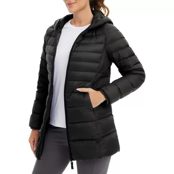 BALEAF Womens Ultralight Down Jacket Long Packable Hooded Puffer Coat Warm for WinterBlack