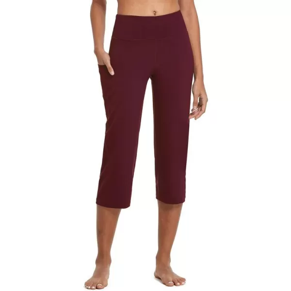 BALEAF Yoga Pants for Women Capris High Waist Leggings with Pockets Wide Leg Exercise Workout Crop Straight Open BottomWine Red