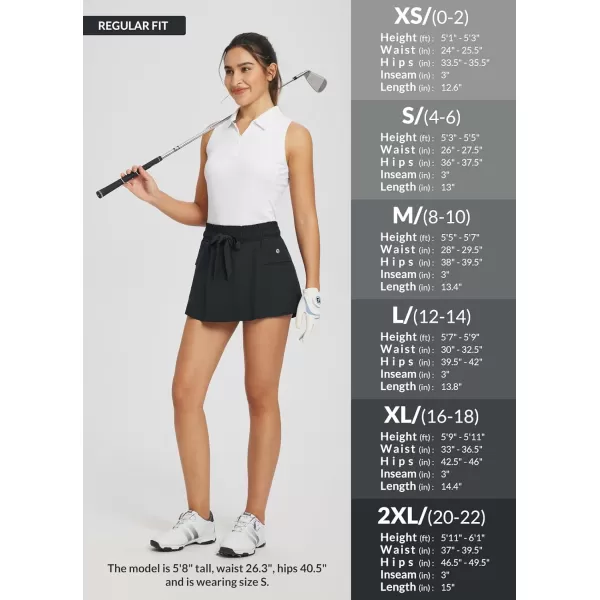 BALEAF 13 Skorts Skirts for Women Golf High Smocked Waistband Tennis Hiking Cargo Shorts Zipper Pockets UPF50Black