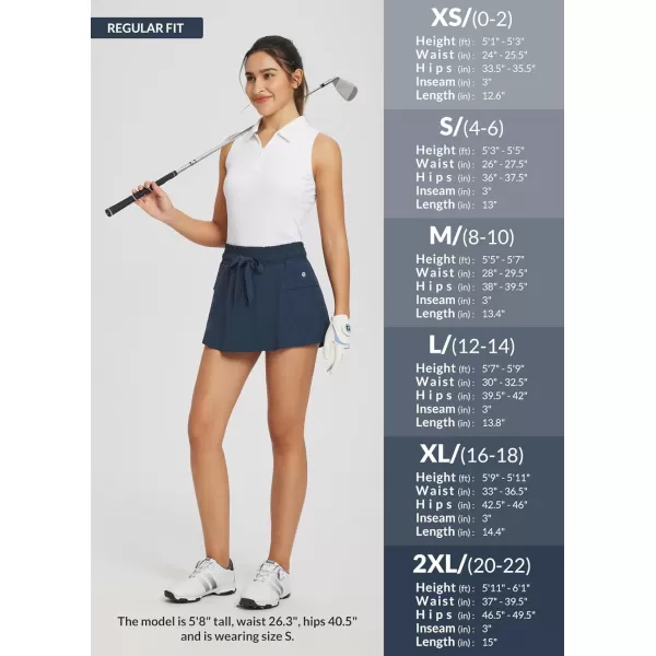 BALEAF 13 Skorts Skirts for Women Golf High Smocked Waistband Tennis Hiking Cargo Shorts Zipper Pockets UPF50Navy