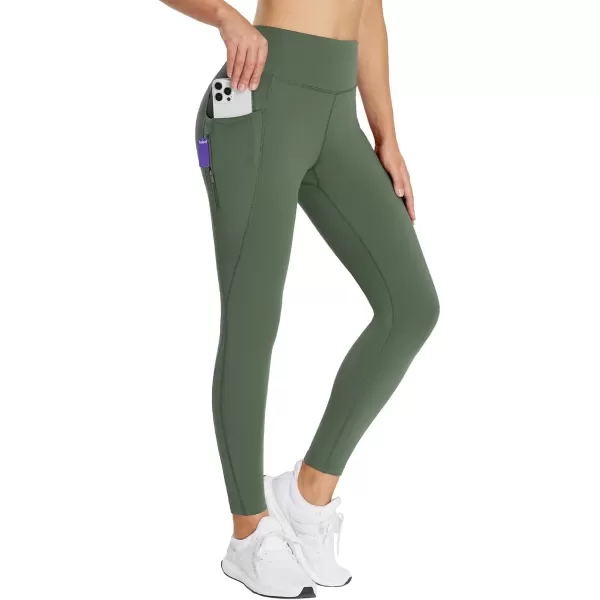 BALEAF 2530 Womens Fleece Lined Leggings Water Resistant High Waist Winter Running Hiking Pants Zipper Pockets25 Inch Green