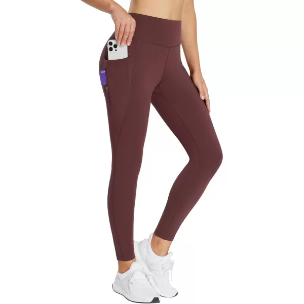 BALEAF 2530 Womens Fleece Lined Leggings Water Resistant High Waist Winter Running Hiking Pants Zipper Pockets25 Inch Wine Red