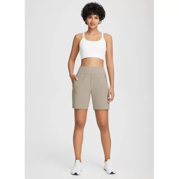 BALEAF 7 Athletic Long Shorts for Women Running High Waisted Quick Dry Workout Bermuda Soft Zipper Pockets UPF 50Khaki