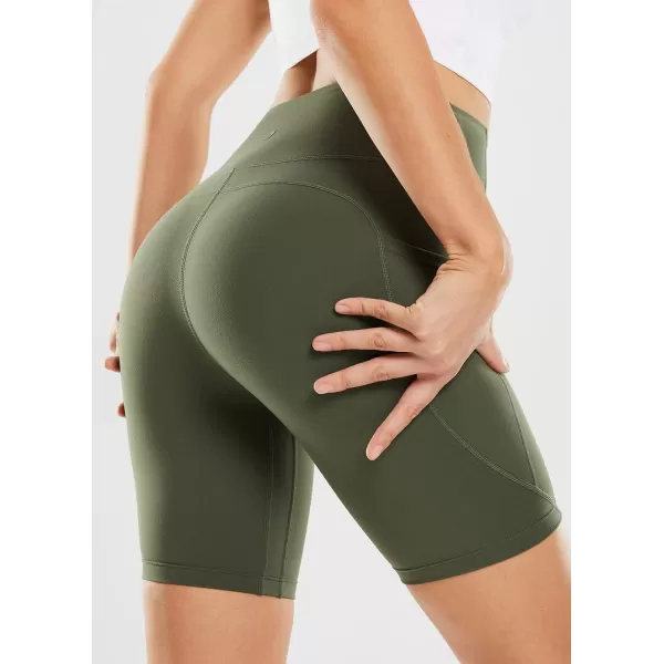 BALEAF 8 Biker Shorts for Women with Pockets High Waisted Yoga Gym Spandex Shorts Side Pocketssoft Army Green