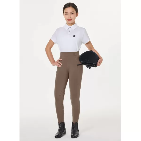 BALEAF Girls Horse Riding Pants Kids Equestrian Breeches Belt Loops KneePatch Youth Schooling Tights Zipper PocketBrown