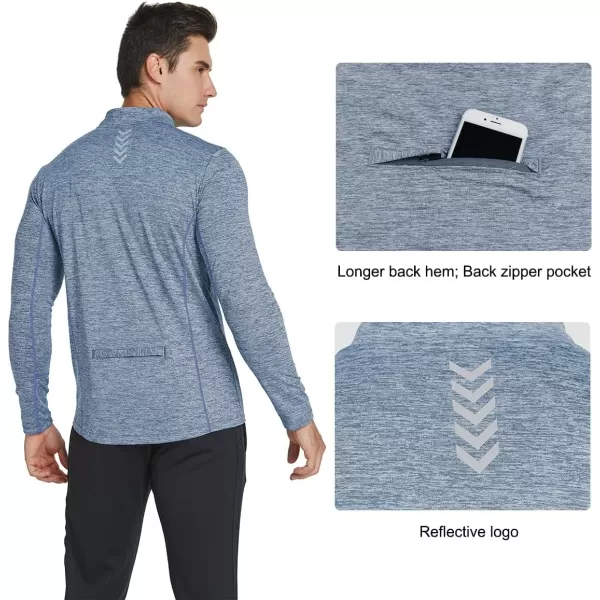 BALEAF Mens 14 Zip Pullover Running Shirts Long Sleeved Tops Back PocketedFleece Lined  Heather Sky Blue