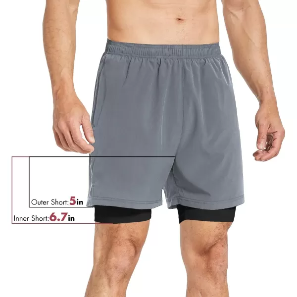 BALEAF Mens 2 in 1 Athletic Running Shorts 5 Quick Dry Lined Workout Shorts with Zipper PocketGreyBlack