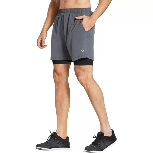 BALEAF Mens 2 in 1 Athletic Running Shorts 5 Quick Dry Lined Workout Shorts with Zipper PocketGreyBlack