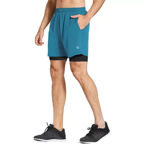 BALEAF Mens 2 in 1 Athletic Running Shorts 5 Quick Dry Lined Workout Shorts with Zipper PocketLight BlueBlack