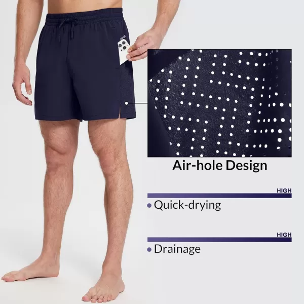 BALEAF Mens 5 Inch Inseam Swim Trunks with Compression Liner Quick Dry 2 in 1 Swim Shorts with PocketsDark Blue