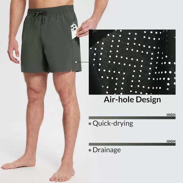 BALEAF Mens 5 Inch Inseam Swim Trunks with Compression Liner Quick Dry 2 in 1 Swim Shorts with PocketsDark Green